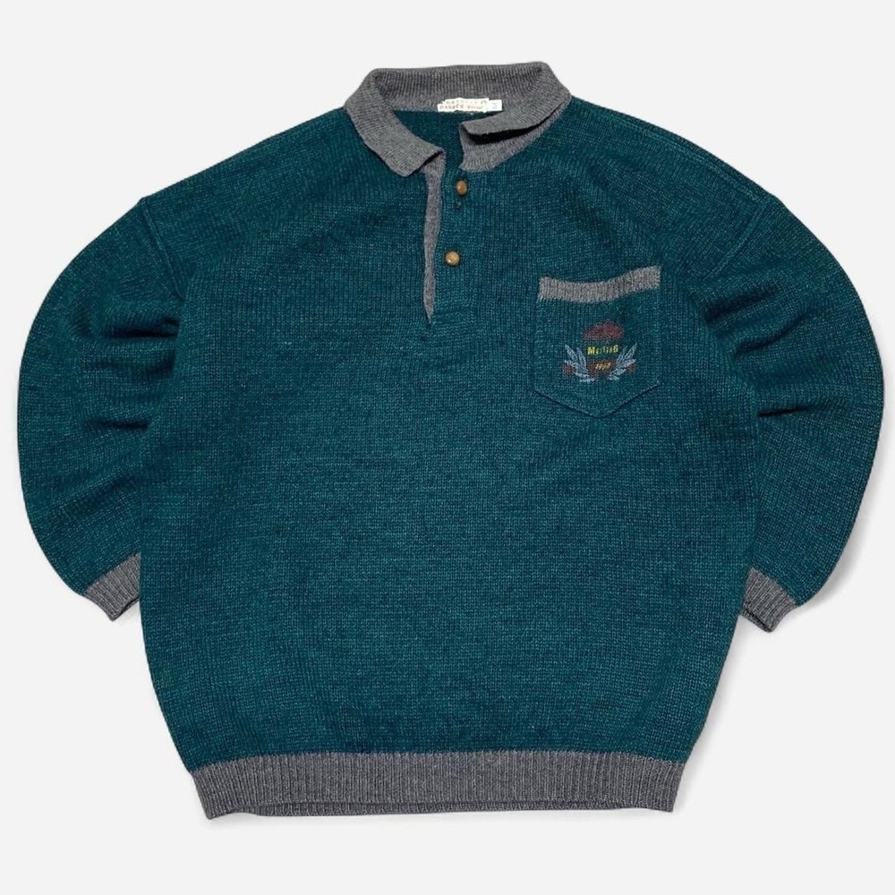 Vintage Mustang green and grey wool quarter button up sweater